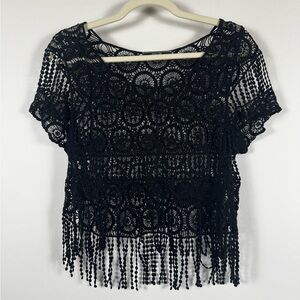 Dulcie Crochet Lace Fringe Top Women Medium Black Whimsigoth Fairy Boho Festival